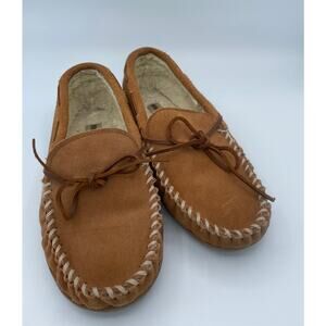 Minnetonka Mens Suede Moccasin Slippers Brown Faux Fur Lined Size 9 Heritage